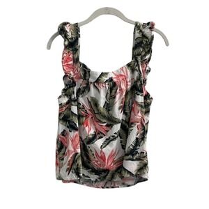 LOFT Tropical Floral Ruffle Strap Tank Top Linen Blend Green Coral Pink‎ S